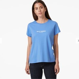 Helly Hansen Women’s M Blue Spellout Organic Cotton & Recycled Poly SS Tee EUC